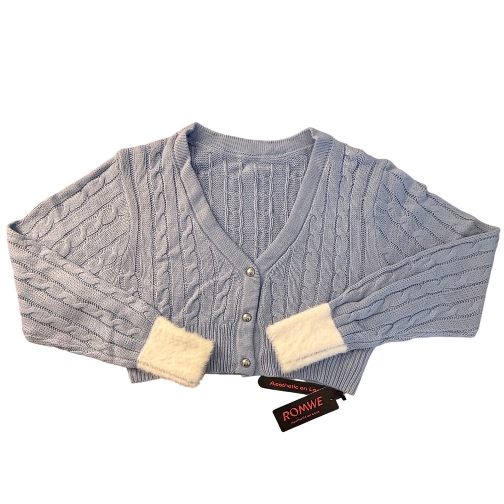 ROMWE Blue Cable Knit Chunky Cropped Cardigan Fuzzy‎ Cuffs XL US 12 Y2K 90s NWT